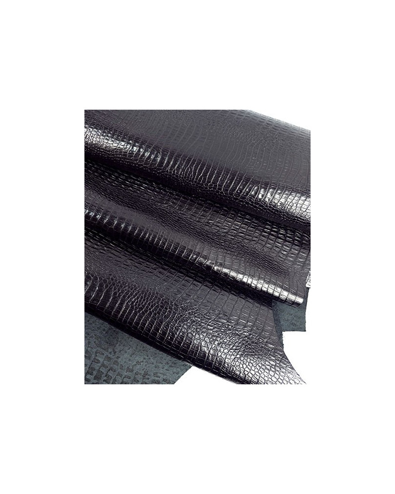 Black Reptile Crocodile Alligator Two Toned Shine Finish Leather Embossed Texture Amazing Relief