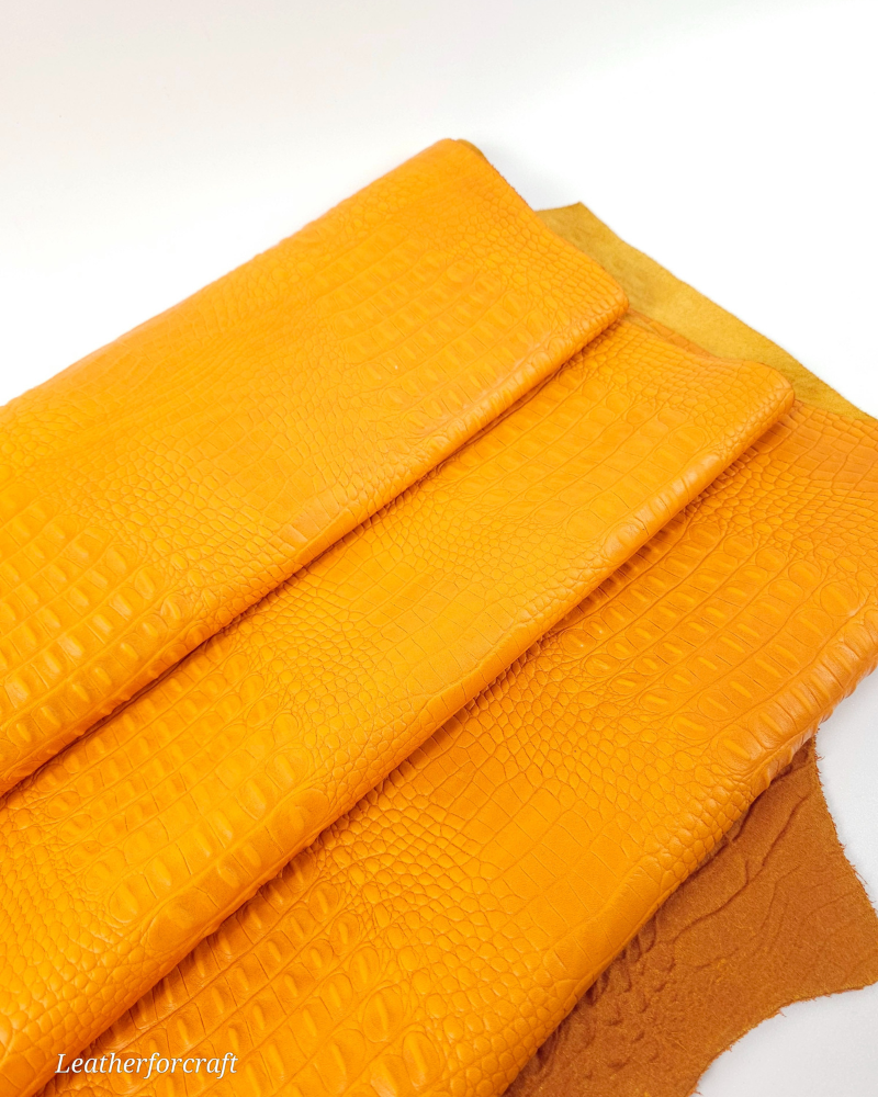 Cadmium Yellow Crocodile Alligator Leather Embossed Texture Amazing Relief OZ 2018 V2 Leather