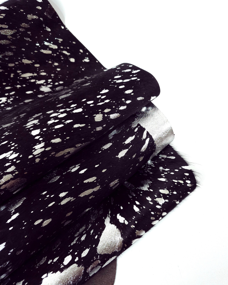Acid Washed Black Silver Cowhide Leather