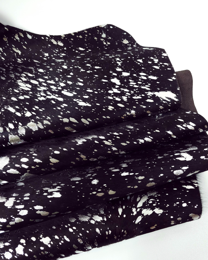 Acid Washed Black Silver Cowhide Leather