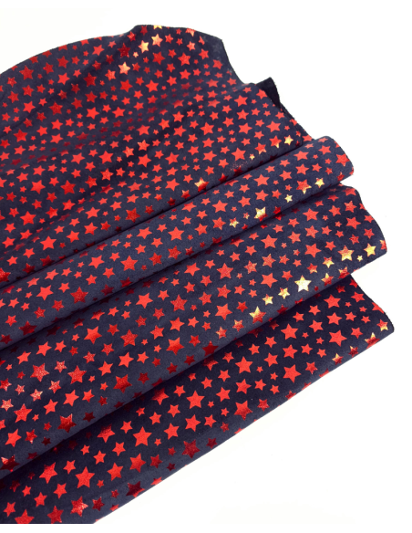 Navy Blue and Red Metallic Stars Suede Leather