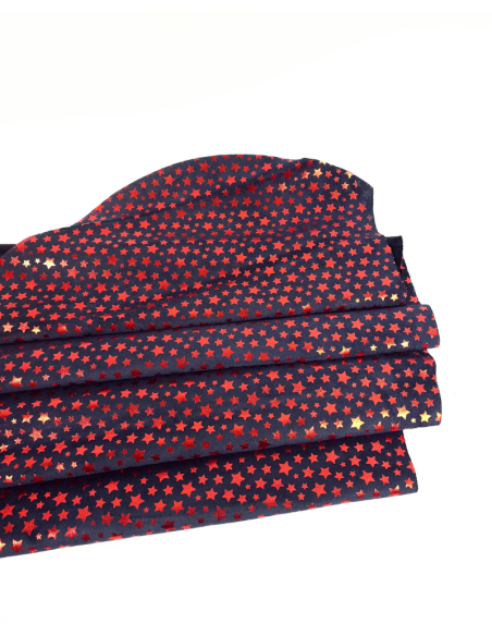 Navy Blue and Red Metallic Stars Suede Leather