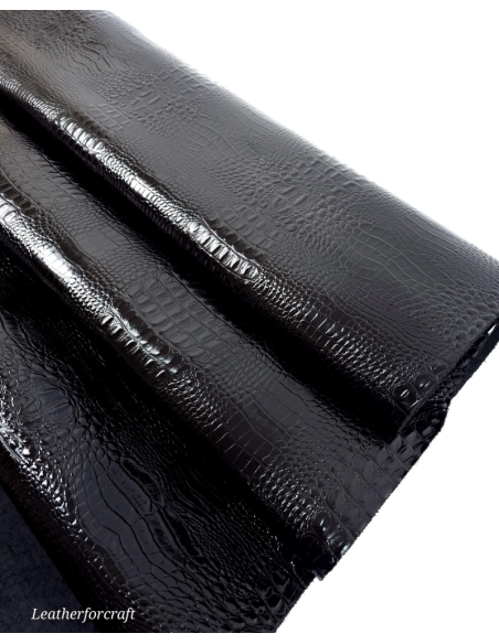 Black Patent Crocodile Alligator Leather Embossed Texture Amazing Relief OZ 2018 V2