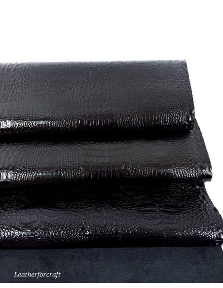 Black Patent Crocodile Alligator Leather Embossed Texture Amazing Relief OZ 2018 V2