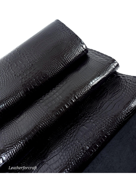 Black Patent Crocodile Alligator Leather Embossed Texture Amazing Relief OZ 2018 V2