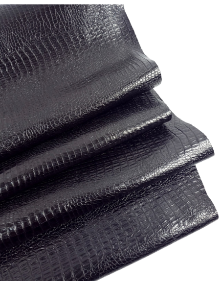 Black Reptile Crocodile Alligator Two Toned Shine Finish Leather Embossed Texture Amazing Relief