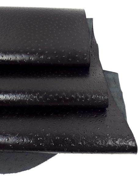 Black Shine Ostrich 2024 Embossed Texture Bovine Leather
