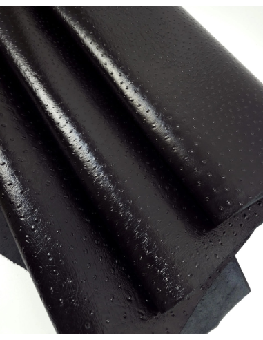Black Shine Ostrich 2024 Embossed Texture Bovine Leather