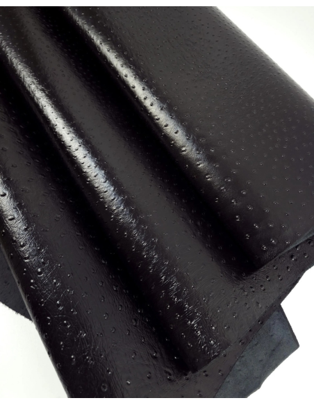 Black Shine Ostrich 2024 Embossed Texture Bovine Leather