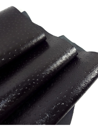 Black Shine Ostrich 2024 Embossed Texture Bovine Leather
