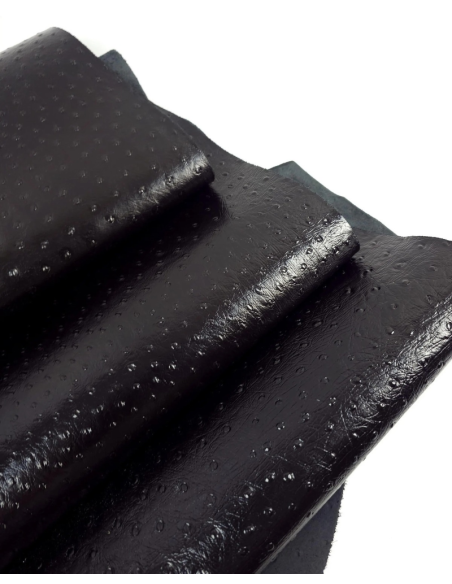 Black Shine Ostrich 2024 Embossed Texture Bovine Leather